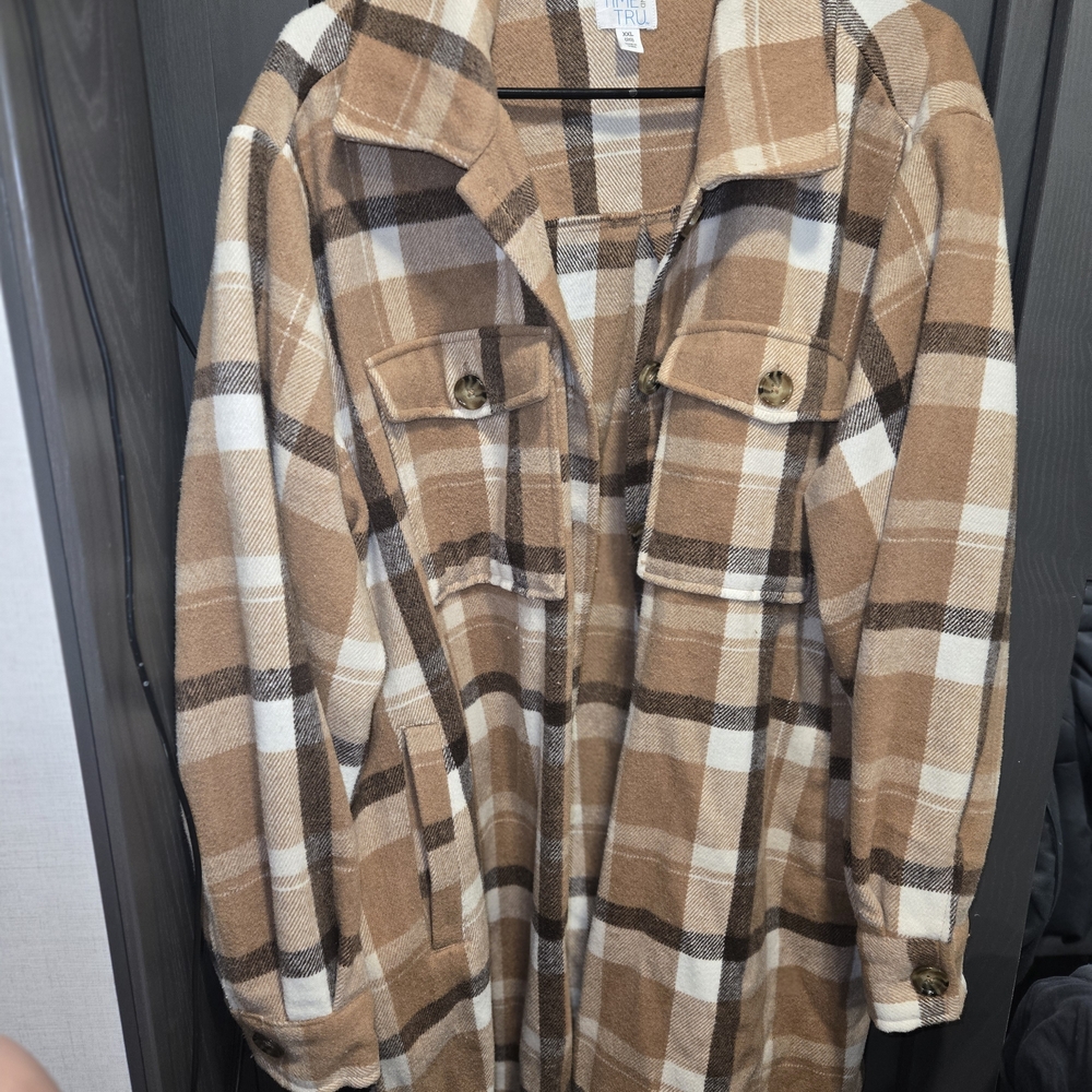 Time and Tru Women's Plaid Knee Length Jacket in Tan and Brown
